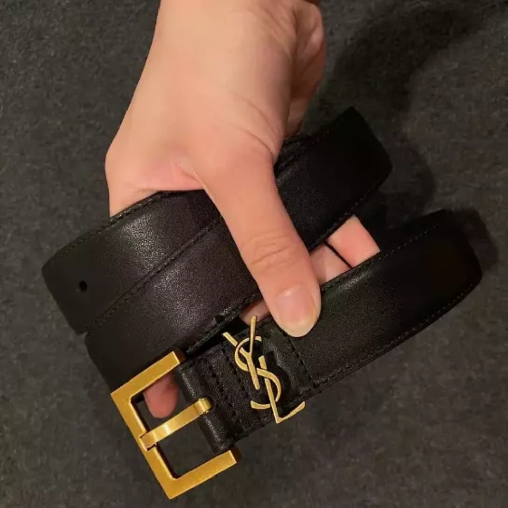 Womens Black YSL Leather Belt with Gold-Toned Buckle